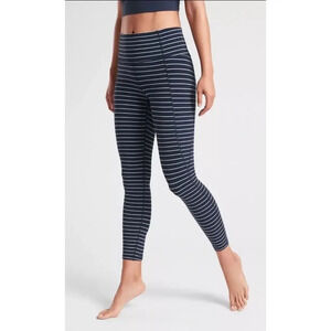 Athleta Stripe Salutation 7/8 Tight In Powervita Size Small Stretch Navy, White